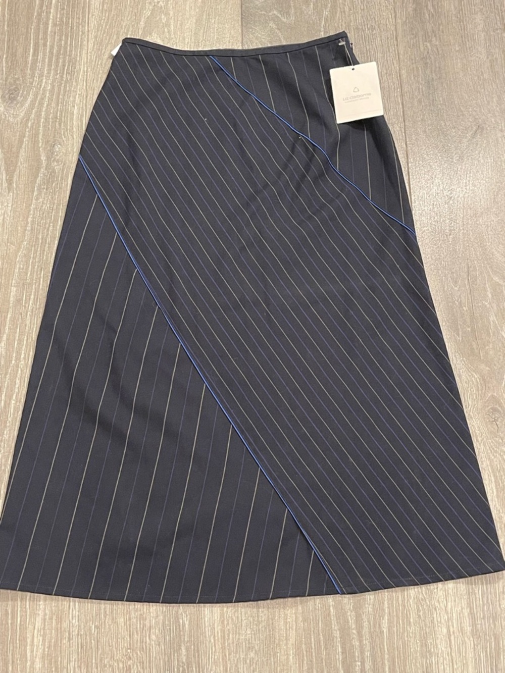 Vintage Liz Claiborne Navy Pinstripe Midi Skirt with Blue Trim